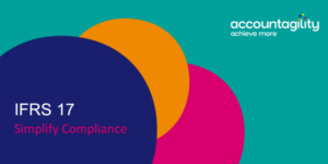 Colourful circles on a green background Accountagility logo and IFRS 17 text to show ORYX simplifies IFRS 17 compliance